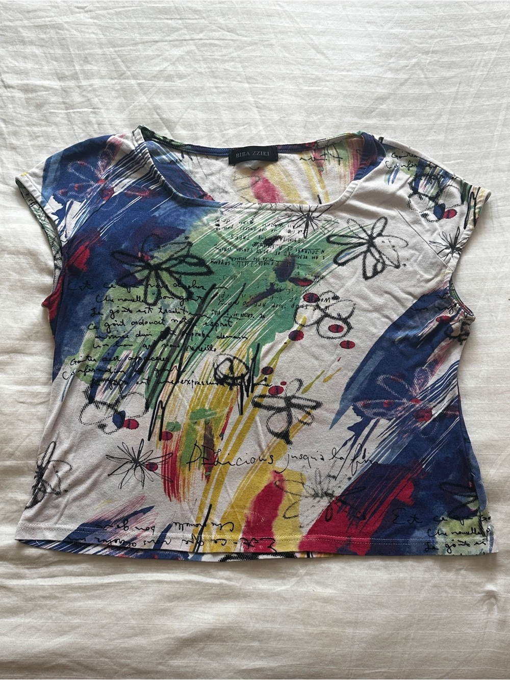 Biba Multicolor Abstract Print Short Sleeve Tee - Blue Green Pink Yellow